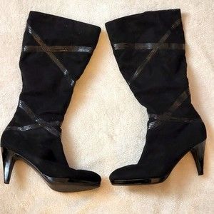Black Faux Suede and Leather Trim boots with 3 Inch Heels, Size 8M